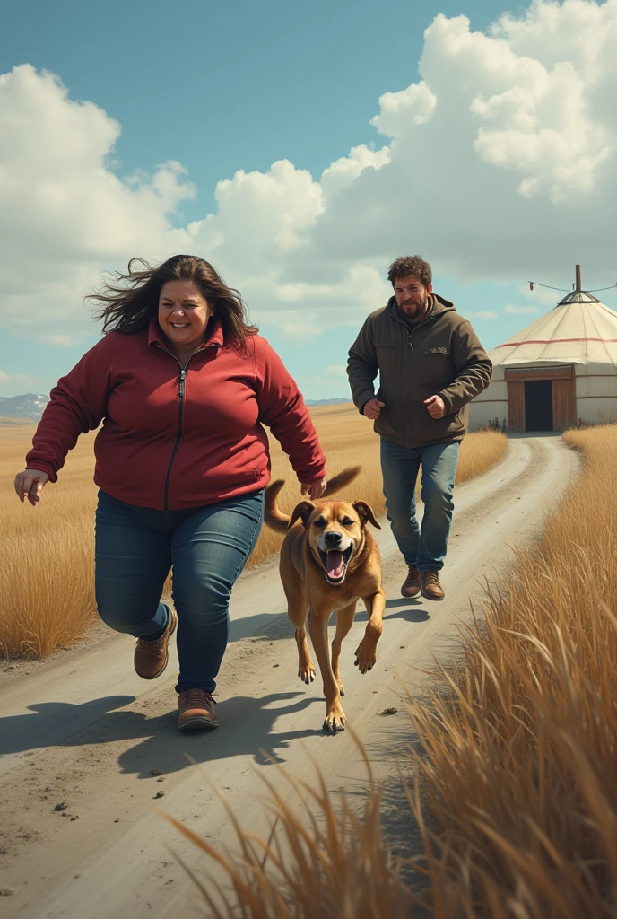 A fat women walking on canada road near ger house with her long husband . while one dog ran on her back to bite her, she cries and ran to save her self and her husband also ran forward but her foot got twisted and injured