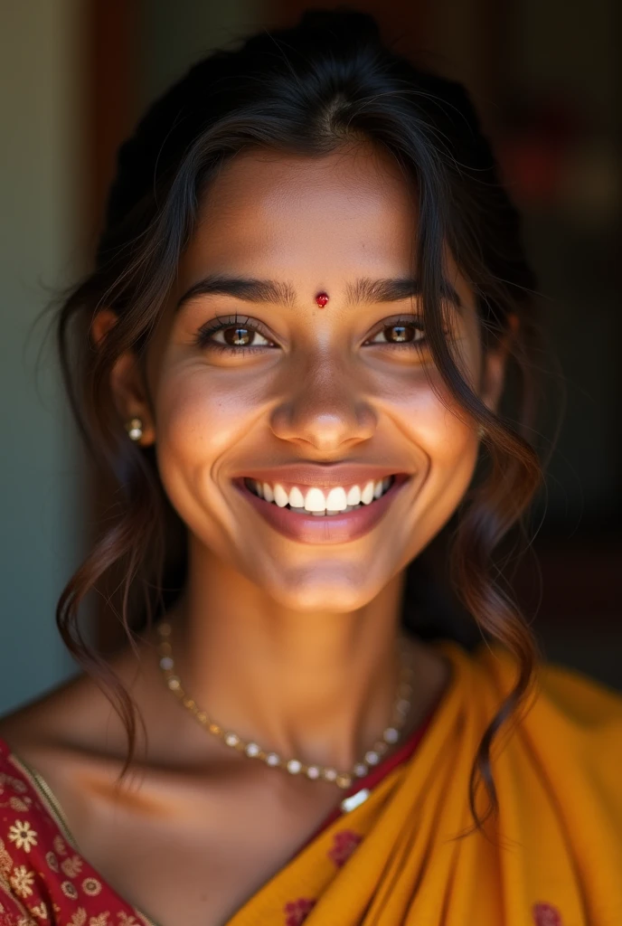 Face of a beautiful south indian woman with a chubby face with a smile on her face