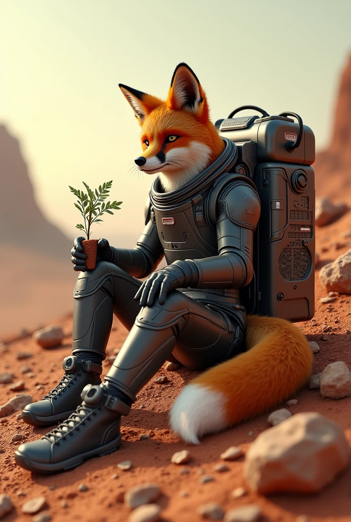 A adult orange and black fox in a space suit while sitting on mars and holding in his cupped hands a plant and a big machine behind him that produces water