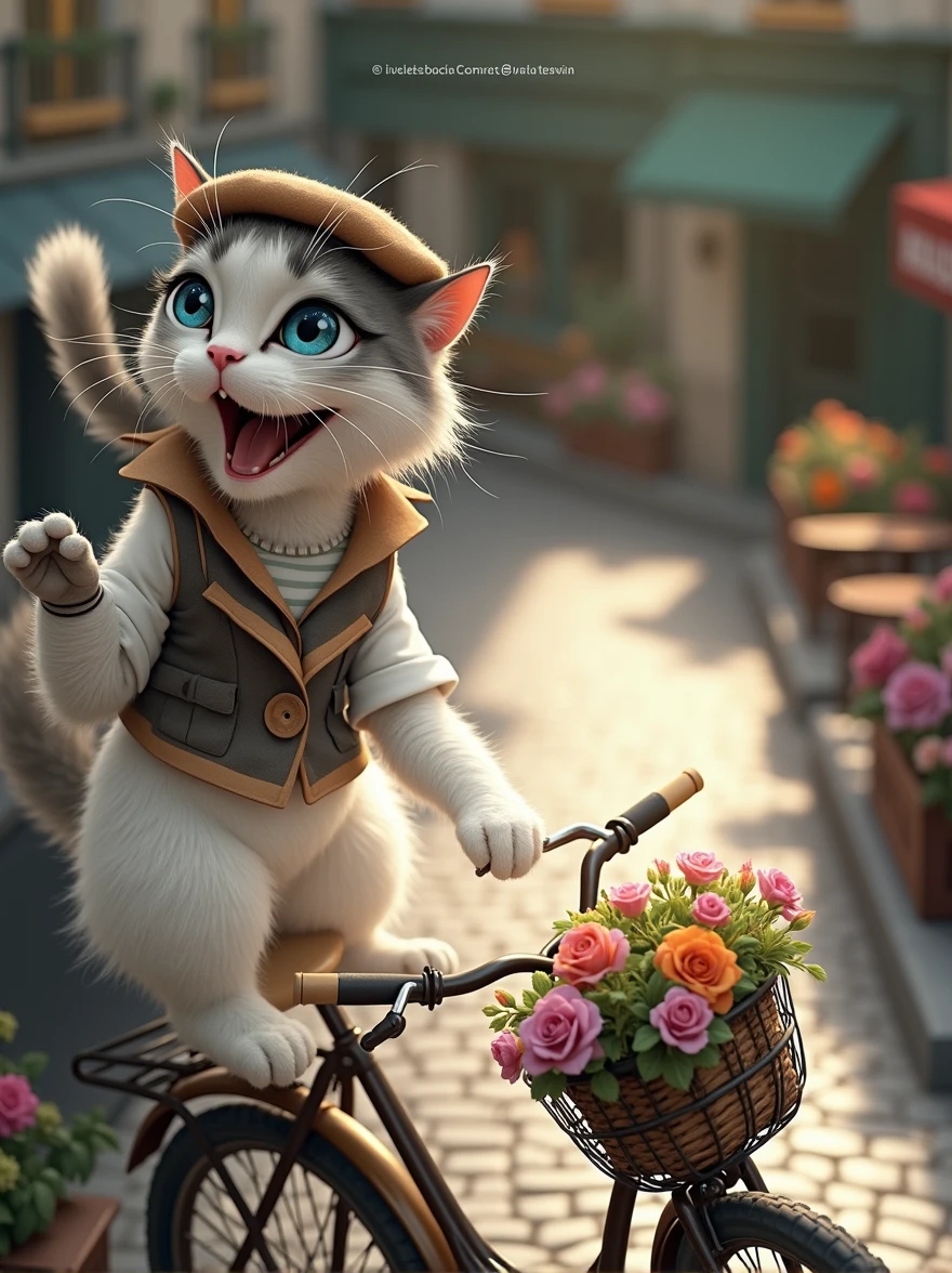 A cheerful cat, The cat has a beautiful coat with a mix of white and grey fur, featuring darker grey on its ears, face, and one of its front paws. The cat's eyes are a striking blue, adding a sense of depth and serenity to its gaze. Riding a vintage bicycle through the streets of Paris, with a big smile on its face. The cat is wearing a stylish beret and a striped shirt, adding a French flair. The backdrop includes iconic Parisian landmarks like the Eiffel Tower and quaint café terraces, with soft sunlight casting a warm glow over the cobblestone streets. The cat’s tail is raised high in excitement as it pedals along, with colorful flowers in the bike's basket swaying gently in the breeze.