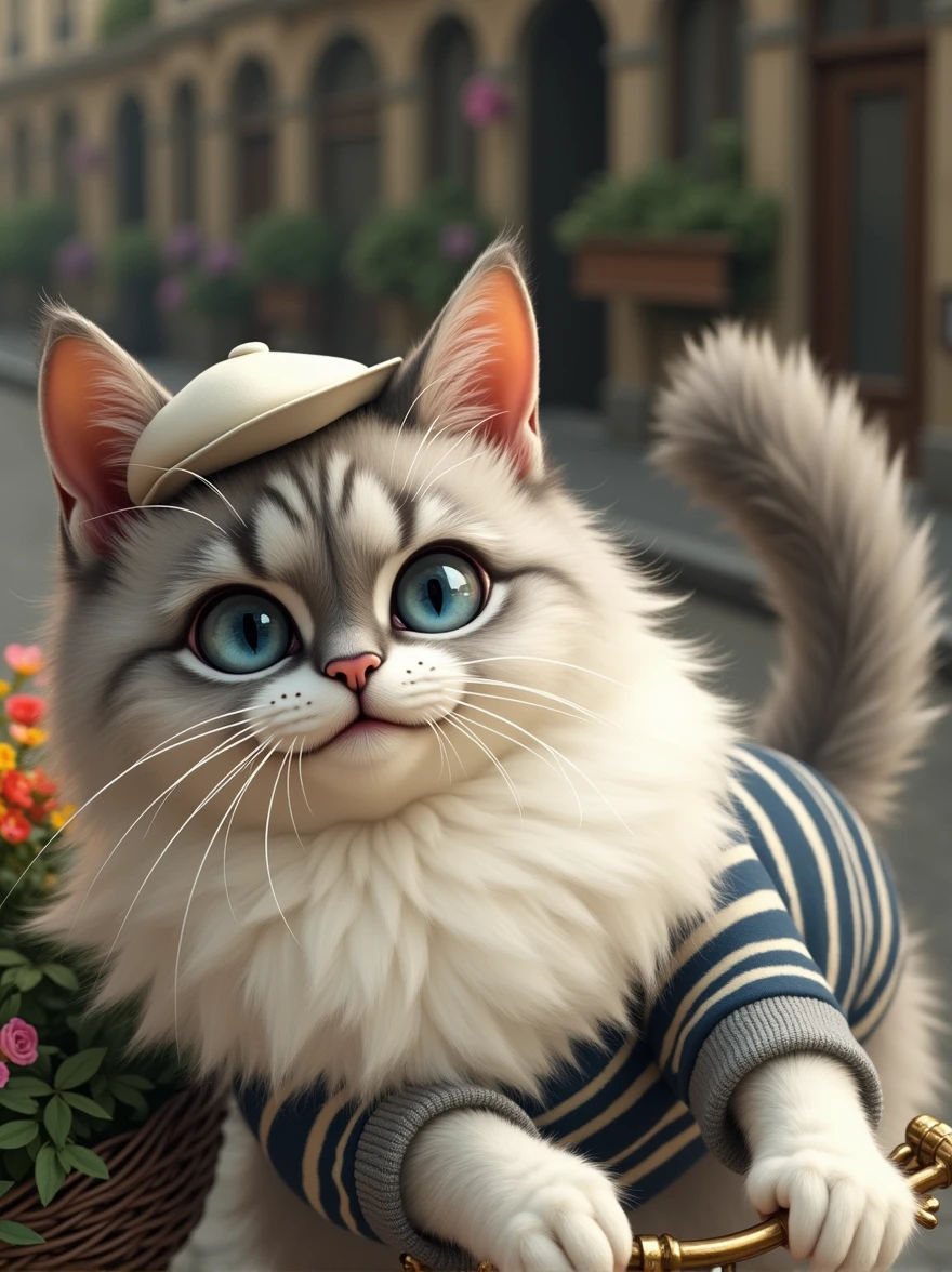 A cheerful cat, The cat has a beautiful coat with a mix of white and grey fur, featuring darker grey on its ears, face, and one of its front paws. The cat's eyes are a striking blue, adding a sense of depth and serenity to its gaze. Riding a vintage bicycle through the streets of Paris, with a big smile on its face. The cat is wearing a stylish beret and a striped shirt, adding a French flair. The backdrop includes iconic Parisian landmarks like the Eiffel Tower and quaint café terraces, with soft sunlight casting a warm glow over the cobblestone streets. The cat’s tail is raised high in excitement as it pedals along, with colorful flowers in the bike's basket swaying gently in the breeze.