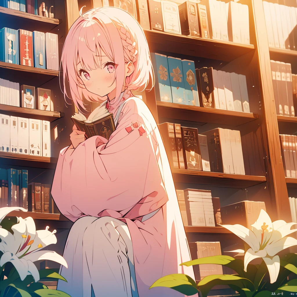 White lily、A girl with short light pink hair、Scarlet Eyes、Highlight on eyes、Crouching down to read a book、Embarrassed expression、Library、Detailed facial expressions、cute、8k、high resolution、Daytime、Bright sunlight、Blushing