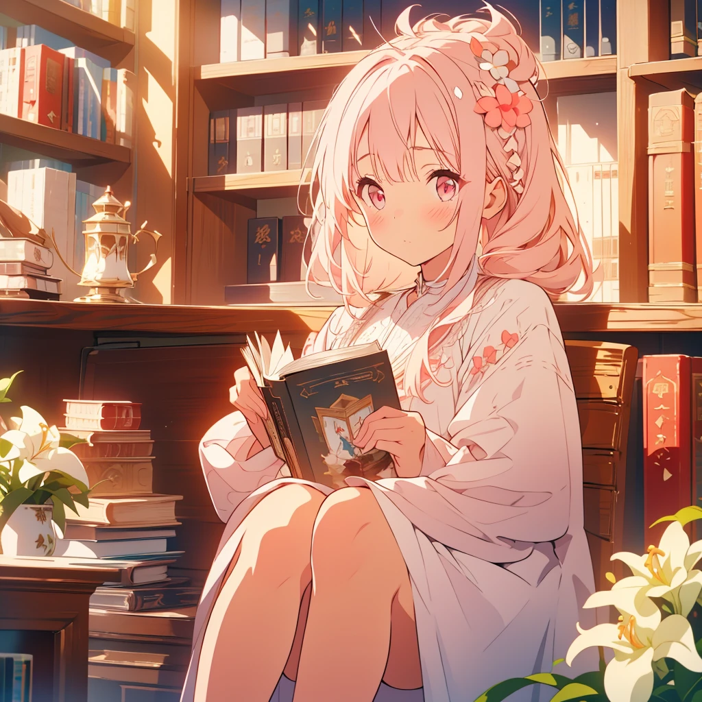 White lily、A girl with short light pink hair、Scarlet Eyes、Highlight on eyes、Crouching down to read a book、Embarrassed expression、Library、Detailed facial expressions、cute、8k、high resolution、Daytime、Bright sunlight、Blushing
