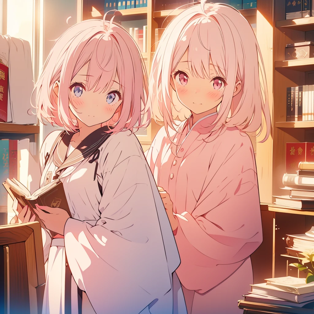 White lily、A girl with short light pink hair、Scarlet Eyes、Highlight on eyes、Crouching down to read a book、Embarrassed expression、Library、Detailed facial expressions、cute、8k、high resolution、Daytime、Bright sunlight、Blushing