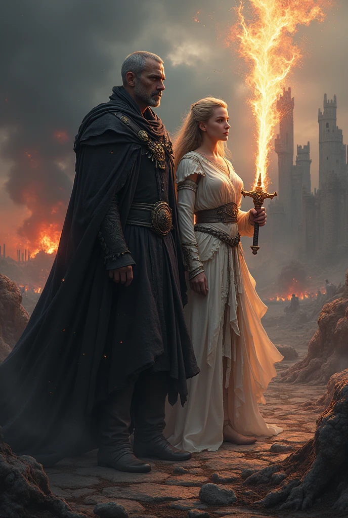 Background: A dark, medieval landscape with ruins of castles and cities on fire, creating a fiery, apocalyptic atmosphere.Foreground: Carl Silford standing tall, cloaked in a black tattered robe with a determined expression, holding a sword engulfed in dark flames. His presence should give off a powerful, ominous vibe, symbolizing his past as a villain.Maia Hercher: She could be depicted beside Carl, slightly behind him, with an ethereal glow. She is dressed in white armor, showing her as a beacon of hope. Her expression is resolute, knowing her fate to save the world.Monsters: Various shadowy figures and monstrous creatures lurking in the background or circling around the main characters, representing the ever-present threat.The Sky: The sky above could be split into two halves—one side dark and stormy with swirling clouds and lightning, representing the Void faction, and the other side a dull, reddish sky indicating the ongoing destruction.