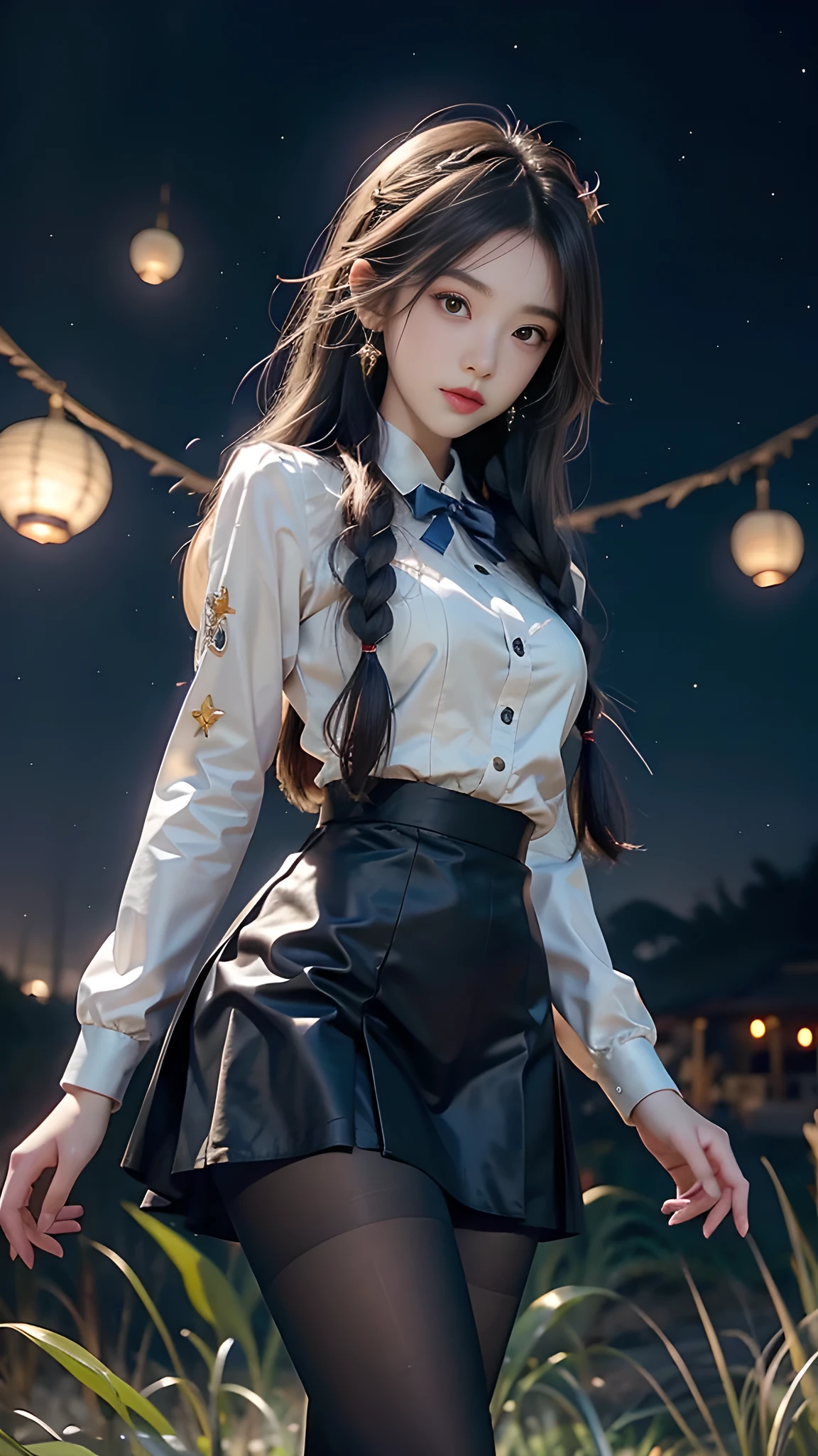 ulzzang-6500-v1.1, (RAW photo: 1.2), (Real photo), (Real photo: 1.4), 1 girl、Perfect anatomy、19 years old、Looking at the camera、Medium length hair、side braids, uniform short skirt, in a surreal royal garden, with many hanging lanterns, under the starry night sky, ((starry night: 1.1))、(Surreal tights: 1.2), (Business service)、Asian eyes Ella,