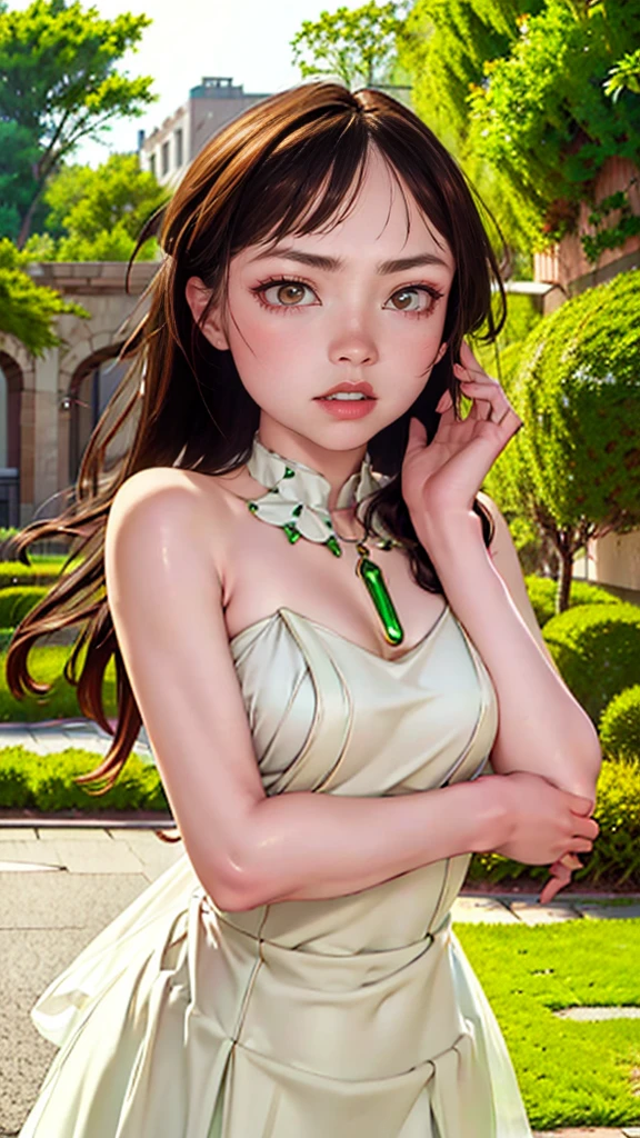 a beautiful woman with emerald green eyes, flowing black hair, wearing a stunning white wedding dress, standing in a lush garden setting, joyful and radiant expression, (best quality,4k,8k,highres,masterpiece:1.2),ultra-detailed,(realistic,photorealistic,photo-realistic:1.37),intricate details,elegant,soft lighting,warm tones,romantic,picturesque landscape,cinematic composition, feliz, alegre, sonriendo