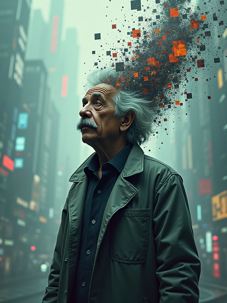 matwaretech , Science fiction, cyber punk, pixelated, malware failure, nasty , albert einstein, scientist coat,uhd,Bustness,futuristic horizon in the background, lots of ideas coming out of my head