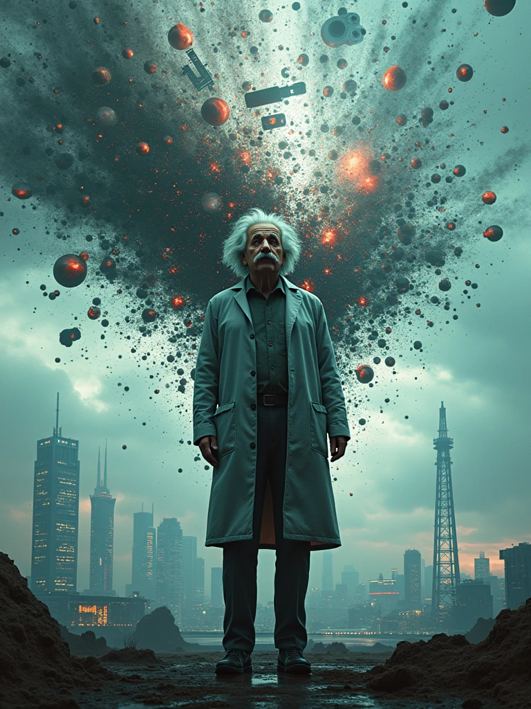 matwaretech , Science fiction, cyber punk, pixelated, malware failure, nasty , albert einstein, scientist coat,uhd,Bustness,futuristic horizon in the background, lots of ideas coming out of my head