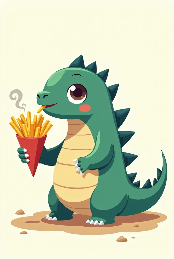 Cartoon of a small and friendly Godzilla holding a cone of French fries