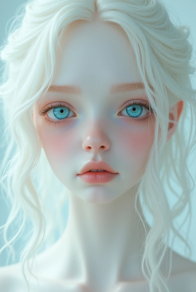 Albinos girl , with blue/pink eyes , a very pale skin , white hair and white brows and lashes