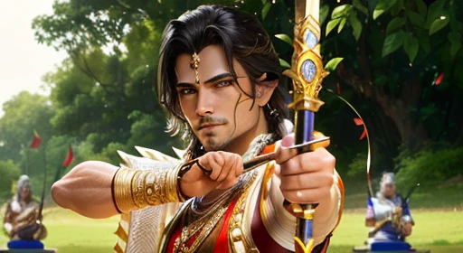 close up of a man, holding a bow and arrow, From the Ramayana, Ashoka Thano, inspired by Kailash Chandra Meher, Vishnu, a Dynasty Warrior hybrid, the vicious return of cardura, tv show more, Shakti, An attractive male deity, still from the series, Sensei, with a big sword, Vastayan, pointing his bow