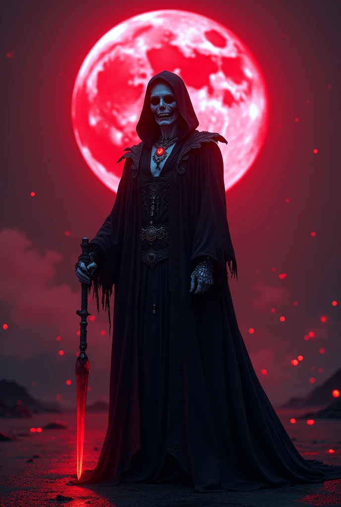 A vampire necromancer, blood moon, ray tracing, masterpiece, best quality, ultra quality, absurd details, best light, best shadow, sharp, sharp image, detailed, extremely detailed, great resolution, 8k, 4k, uhd, particle effects, beautiful effects, vivid colors, neon light, neon, light,