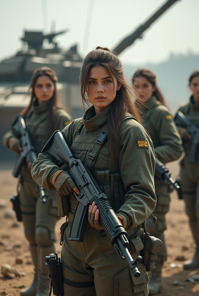 Sexy women with Kalashnikov rifles and war tanks in the background