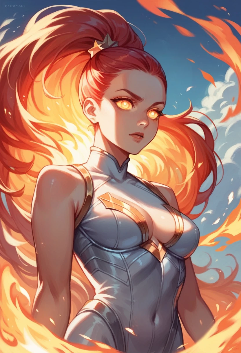 One woman, Ariana grande, 20 years old, detailed face, mid breasts, white and black superheroine suit, sleeveless, red hair, long hair, fire hair, surrounded by flames, fire, glowing eyes, levitating in the sky,