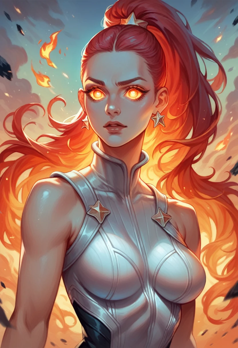 One woman, Ariana grande, 20 years old, detailed face, mid breasts, white and black superheroine suit, sleeveless, red hair, long hair, fire hair, surrounded by flames, fire, glowing eyes, levitating in the sky,