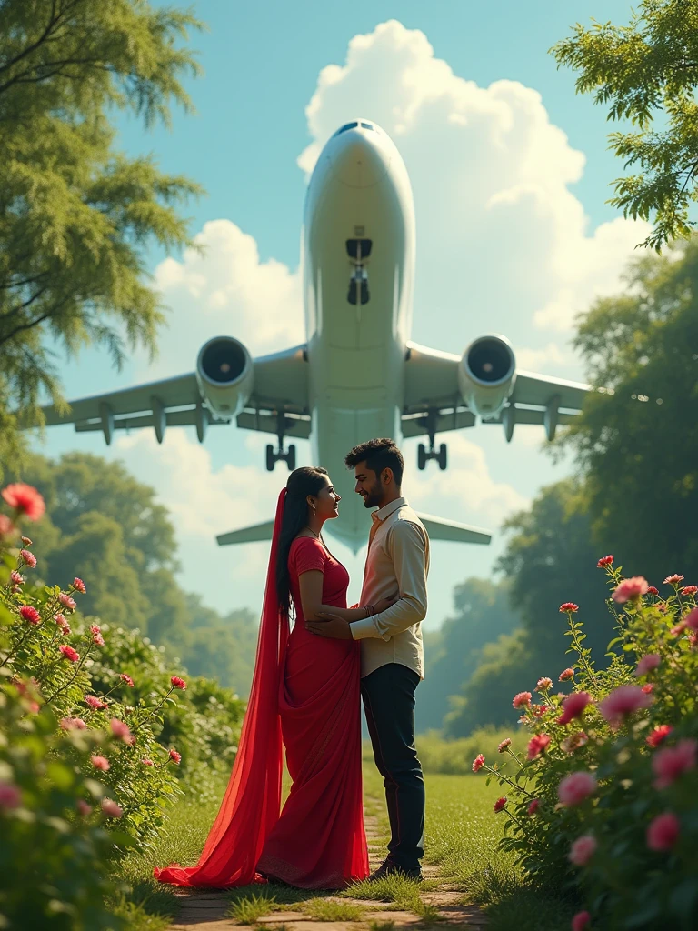 There is a 21 year old Indian boy and he has a girlfriend who is wearing a red coloured saree and both in a garden and in the back of them there is a huge aeroplane
