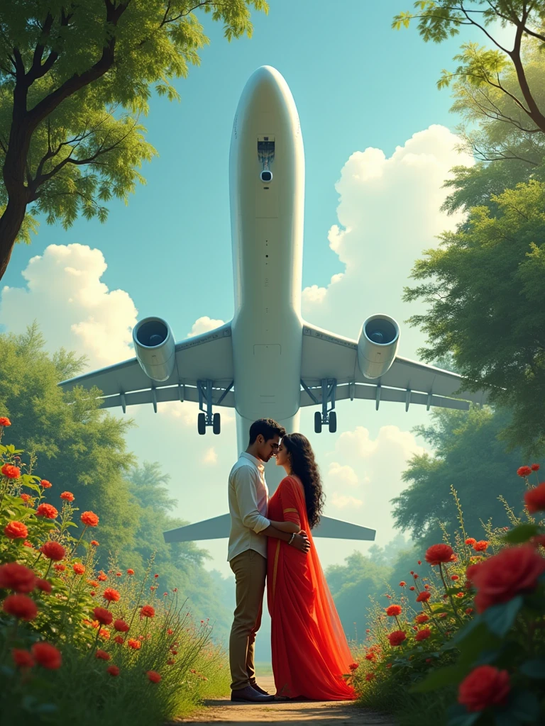 There is a 21 year old Indian boy and he has a girlfriend who is wearing a red coloured saree and both in a garden and in the back of them there is a huge aeroplane