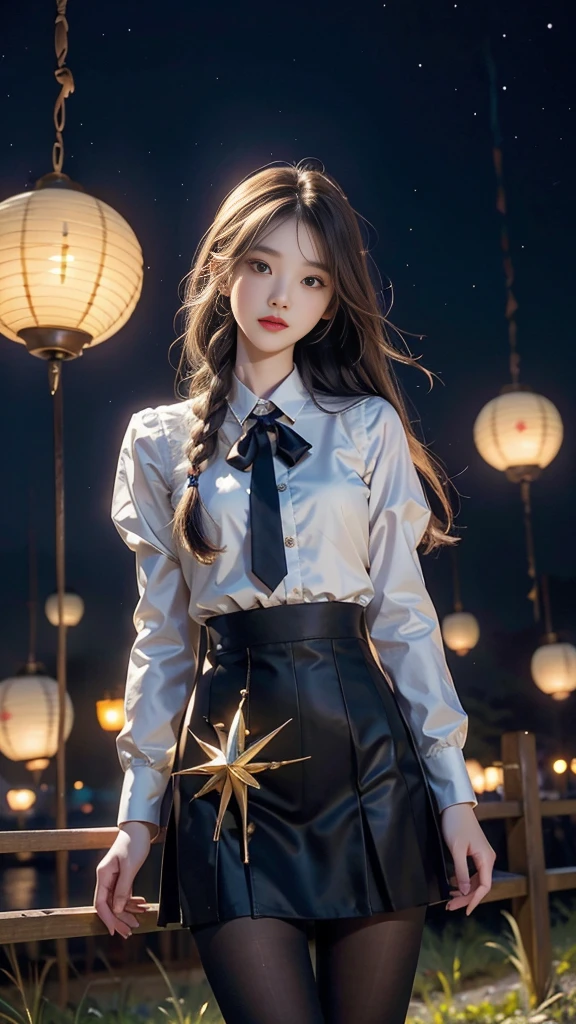 ulzzang-6500-v1.1, (RAW photo: 1.2), (Real photo), (Real photo: 1.4), 1 girl、Perfect anatomy、19 years old、Looking at the camera、Medium length hair、side braids, uniform short skirt, in a surreal royal garden, with many hanging lanterns, under the starry night sky, ((starry night: 1.1))、(Surreal tights: 1.2), (Business service)、Asian eyes Ella,