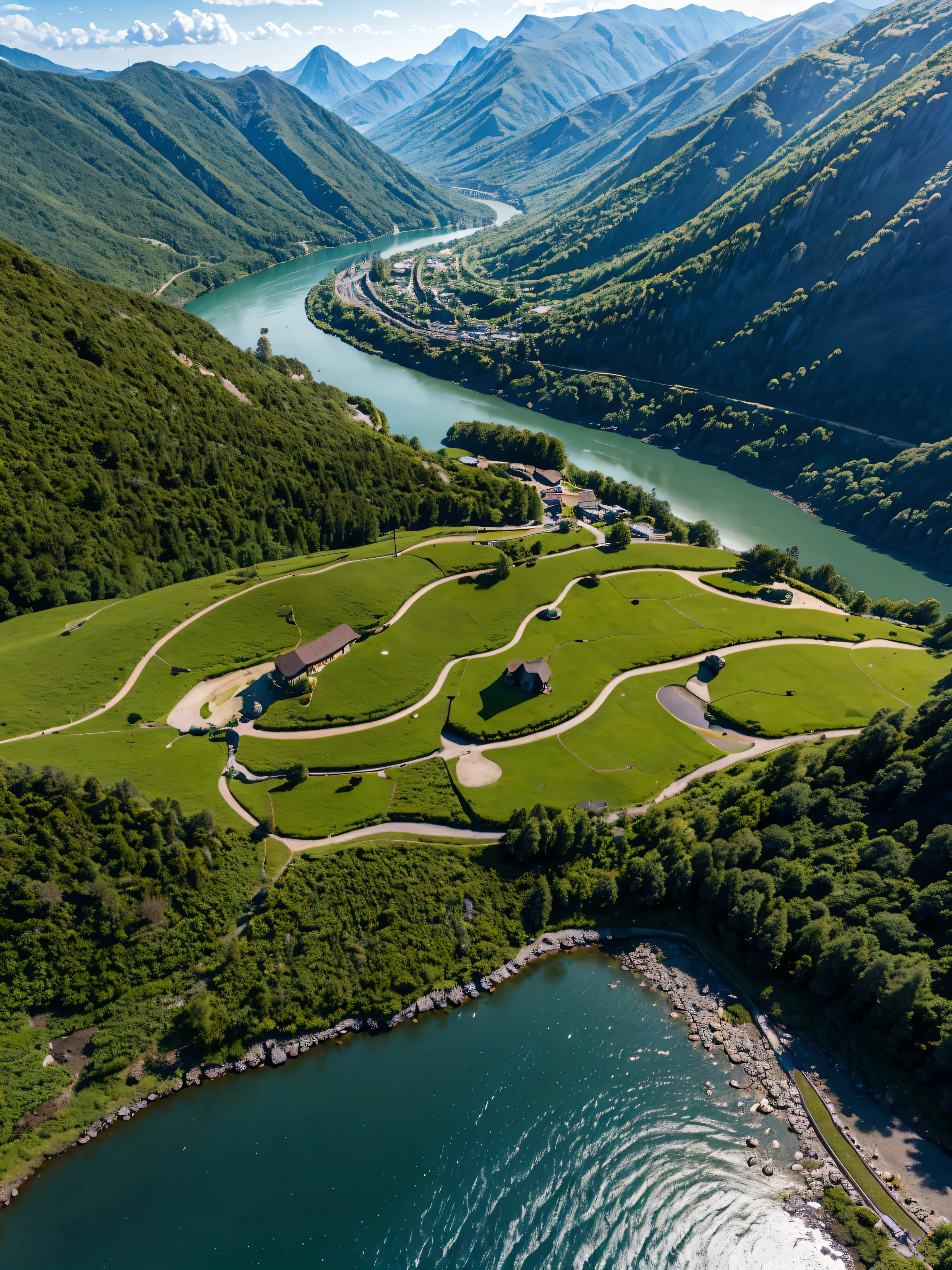 An aerial view from the peak of a majestic mountain, looking down at a winding river far below. The landscape is captured in 4K resolution with ultra-realistic details, showing the rugged texture of the mountain, lush greenery on the slopes, and the clear, shimmering water of the river reflecting the sunlight.