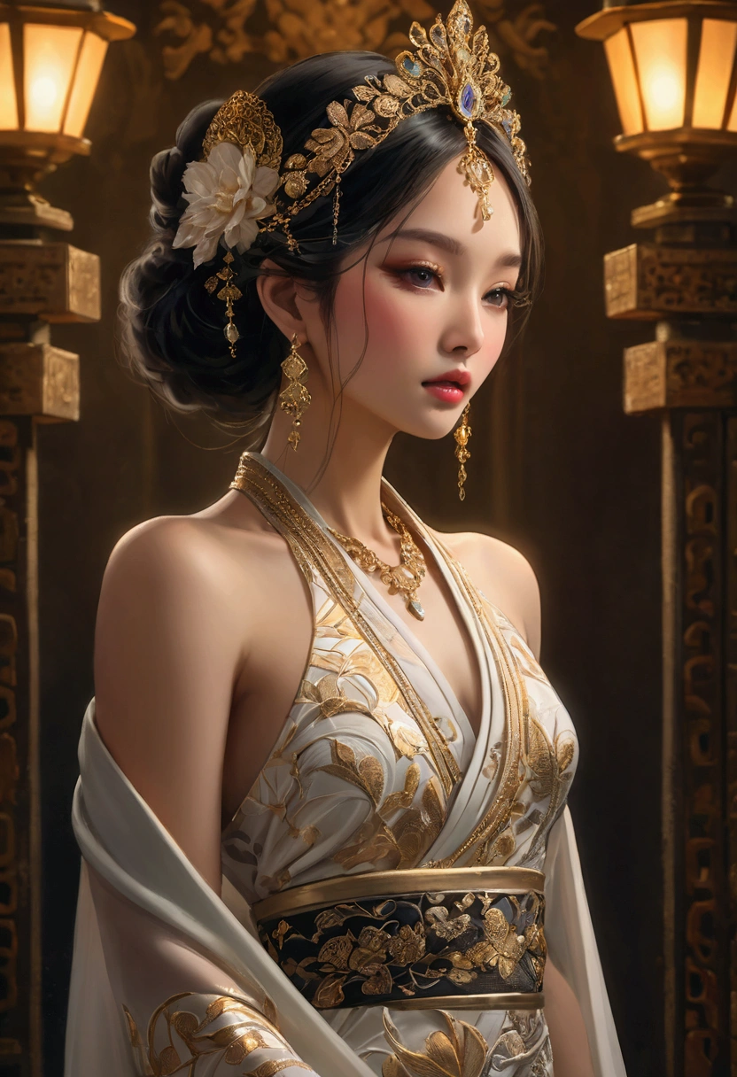 a beautiful Japanese female model, elegant and graceful, wearing magical realism style fashion design, high fashion editorial, dramatic lighting, ethereal, cinematic, ((Inspired by Megan Hess)), masterpiece, best quality, 8k, ultra-detailed, photorealistic, dramatic shadows, warm color tones, dramatic chiaroscuro lighting, fantasy, magical realism, intricate and ornate details, flowing fabric, dynamic pose, captivating gaze, delicate features, flawless skin, luxurious jewelry, intricate headpiece, mesmerizing