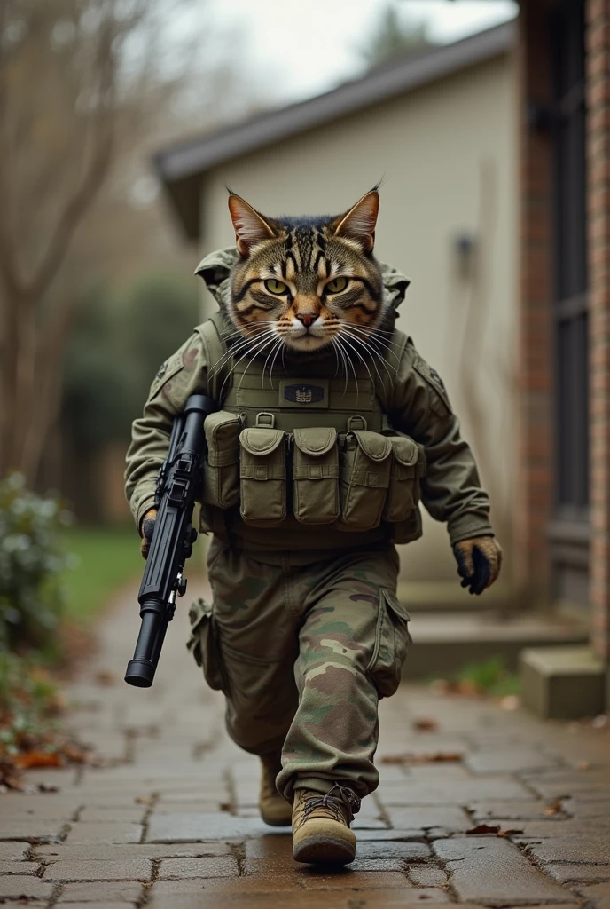 Image of a cat in US Special Forces military gear walking out of his house leaving behind a crying pregnant cat