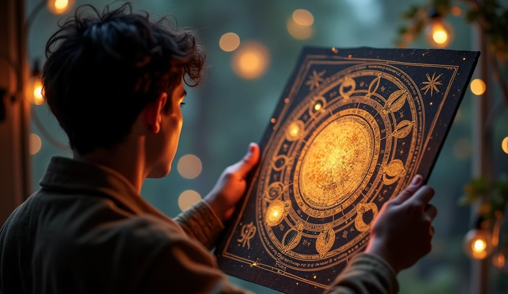 A realistic depiction of a person analyzing their birth chart, with planets positioned in various houses, some glowing to indicate areas of challenge or success. The scene is insightful and introspective. -ar 16:9