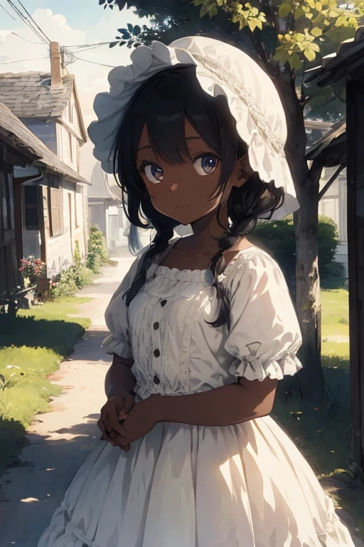(1800s little girl),  dark skinned girl  noble,  hands holding a a parasol, innocent expression, vintage clothing featuring a lace bonnet and petticoat, warm and inviting setting, background with a quaint rural landscape, soft golden light filtering through, creating a nostalgic atmosphere, (highly detailed), promoting understanding and representation, capturing the beauty in diversity, charming and heartwarming, evoking empathy and connection.
(Anime)
