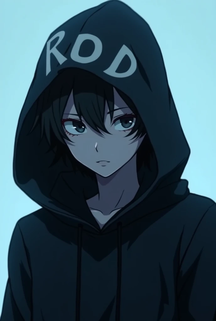 naughty man,smooth face like anime,black cowl,word ROD written on the hood,light blue background,HD.