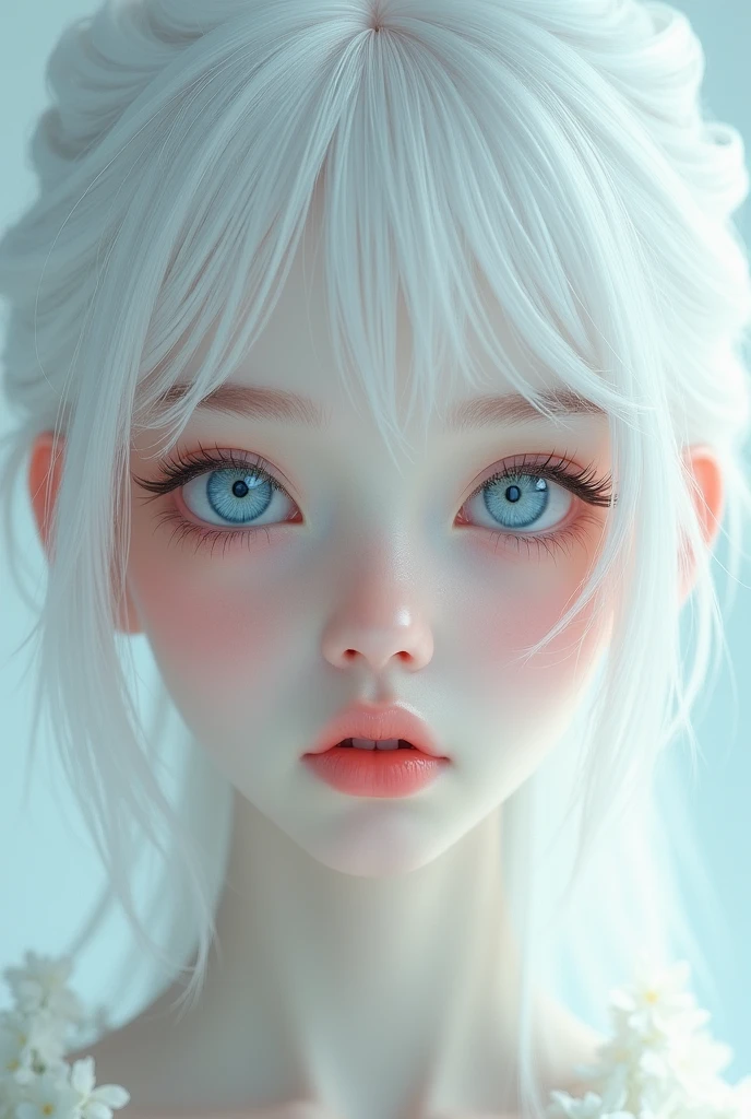 Albinos girl , with blue/pink eyes , a very pale skin , white hair and white brows and lashes