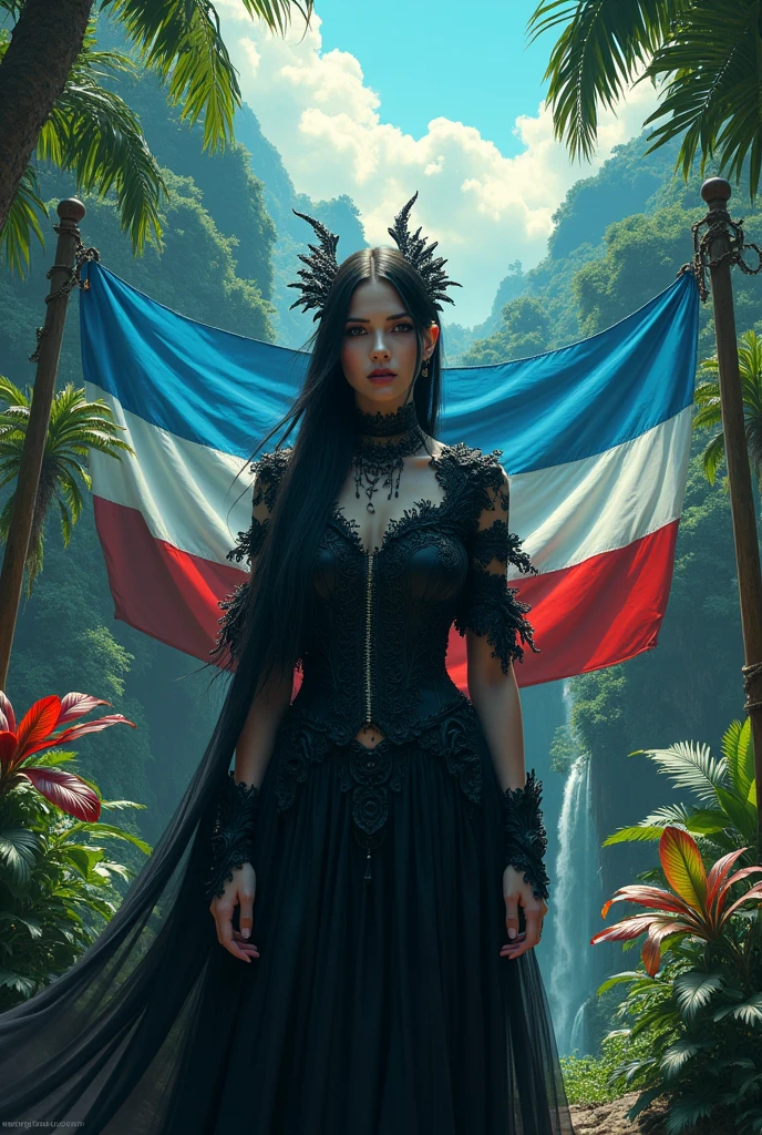 The flag of Guatemala with a gothic female DJ in paradise