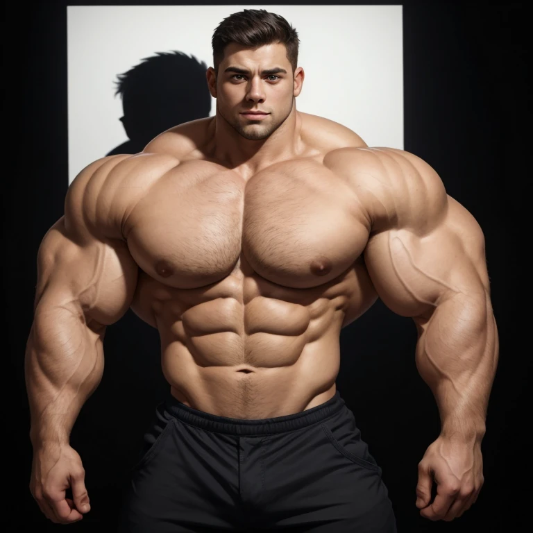 a very handsome young man shirtless, big eyes, exaggeratedly muscular, exaggeratedly huge muscles, exaggeratedly huge biceps, exaggeratedly huge arms, on a black background