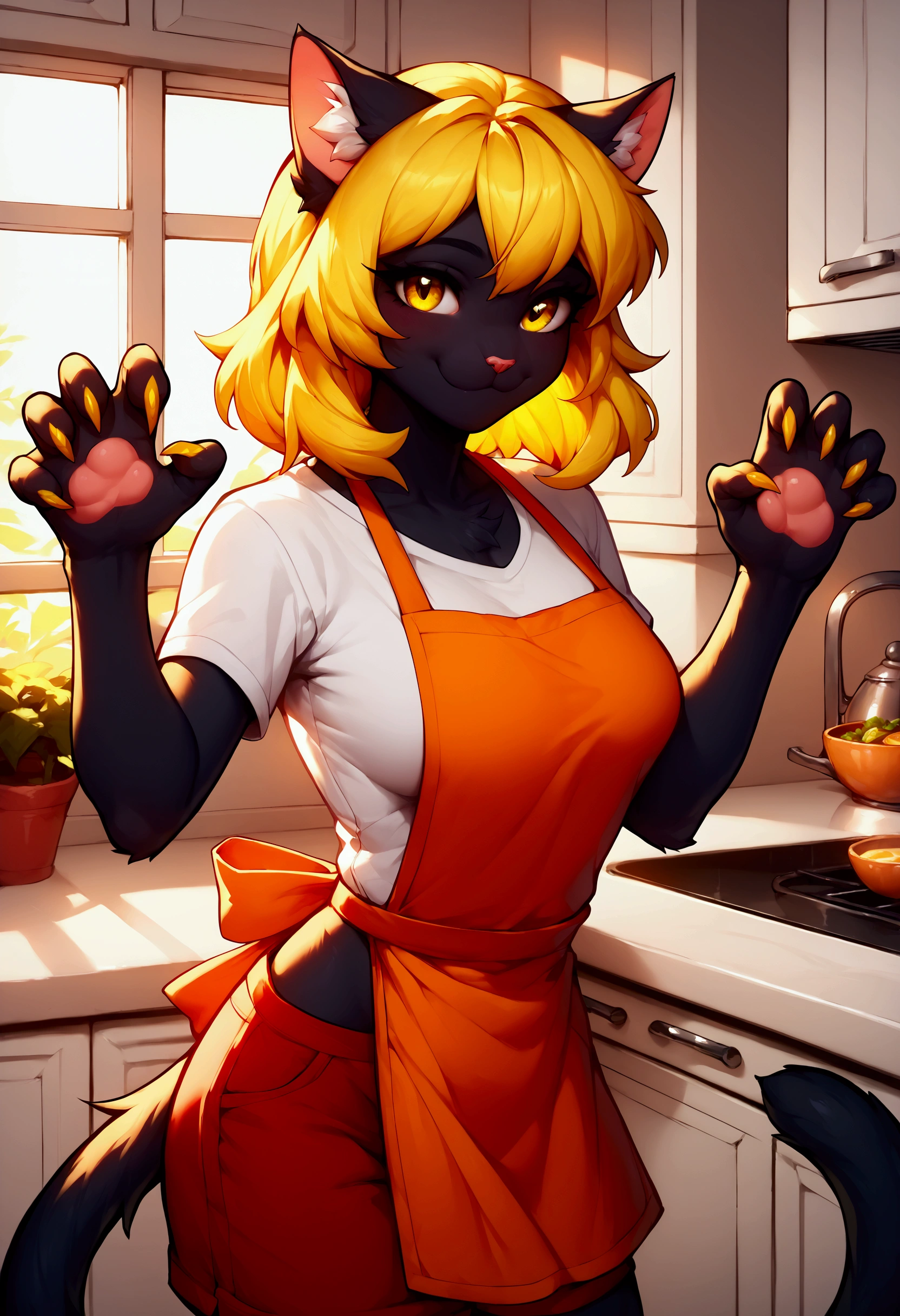 score_9, score_8_up, score_7_up, score_6_up, score_5_up, score_4_up, indoors, kitchen, BREAK 1girl, cat girl, furry, orange apron, medium breasts, yellow eyes, looking at viewer, smile, medium hair, snout, black fur, yellow hair, white shirt, red shorts, cat tail, claws, claw pose, yellow fingernails
