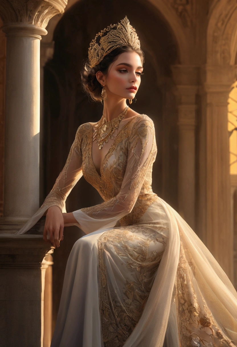 a beautiful Italian female model, elegant and graceful, wearing magical realism style fashion design, high fashion editorial, dramatic lighting, ethereal, cinematic, ((Inspired by Megan Hess)), masterpiece, best quality, 8k, ultra-detailed, photorealistic, dramatic shadows, warm color tones, dramatic chiaroscuro lighting, fantasy, magical realism, intricate and ornate details, flowing fabric, dynamic pose, captivating gaze, delicate features, flawless skin, luxurious jewelry, intricate headpiece, mesmerizing