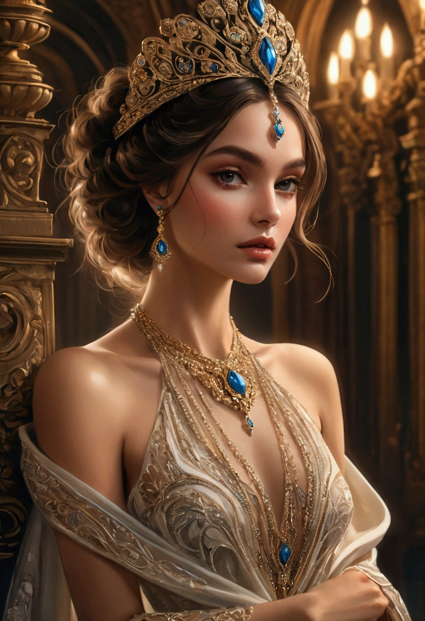 a beautiful Italian female model, elegant and graceful, wearing magical realism style fashion design, high fashion editorial, dramatic lighting, ethereal, cinematic, ((Inspired by Megan Hess)), masterpiece, best quality, 8k, ultra-detailed, photorealistic, dramatic shadows, warm color tones, dramatic chiaroscuro lighting, fantasy, magical realism, intricate and ornate details, flowing fabric, dynamic pose, captivating gaze, delicate features, flawless skin, luxurious jewelry, intricate headpiece, mesmerizing