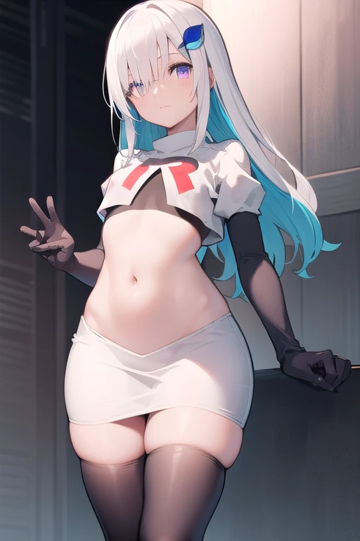 lizehelesta, lize helesta, blue hair, blunt bangs, colored inner hair, hair flaps, hair ornament, long hair, multicolored hair, (purple eyes:1.1), sidelocks, two-tone hair, white hair, (small breast:1.2),
BREAK virtual youtuber, team rocket,team rocket uniform,white skirt,red letter R,crop top,black thigh-highs,black elbow gloves,
BREAK looking at viewer,
BREAK outdoors,
BREAK (masterpiece:1.2), best quality, high resolution, unity 8k wallpaper, (illustration:0.8), (beautiful detailed eyes:1.6), extremely detailed face, perfect lighting, extremely detailed CG, (perfect hands, perfect anatomy),