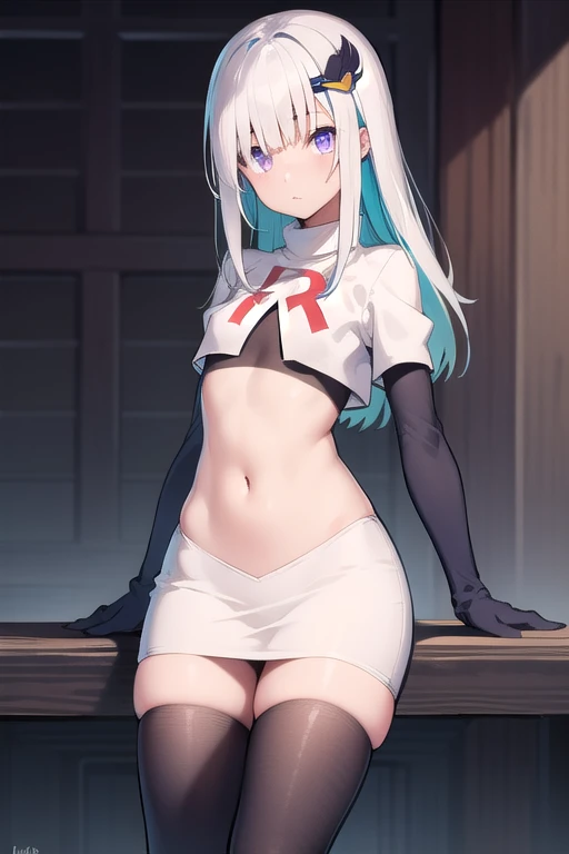 lizehelesta, lize helesta, blue hair, blunt bangs, colored inner hair, hair flaps, hair ornament, long hair, multicolored hair, (purple eyes:1.1), sidelocks, two-tone hair, white hair, (small breast:1.2),
BREAK virtual youtuber, team rocket,team rocket uniform,white skirt,red letter R,crop top,black thigh-highs,black elbow gloves,
BREAK looking at viewer,
BREAK outdoors,
BREAK (masterpiece:1.2), best quality, high resolution, unity 8k wallpaper, (illustration:0.8), (beautiful detailed eyes:1.6), extremely detailed face, perfect lighting, extremely detailed CG, (perfect hands, perfect anatomy),