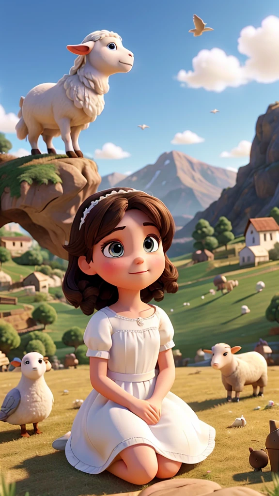 create Jesus in a white dress, with a girl resting, in the background a mountain with sheep and birds, a sunny day.
Disney Pixar 3D styles.
