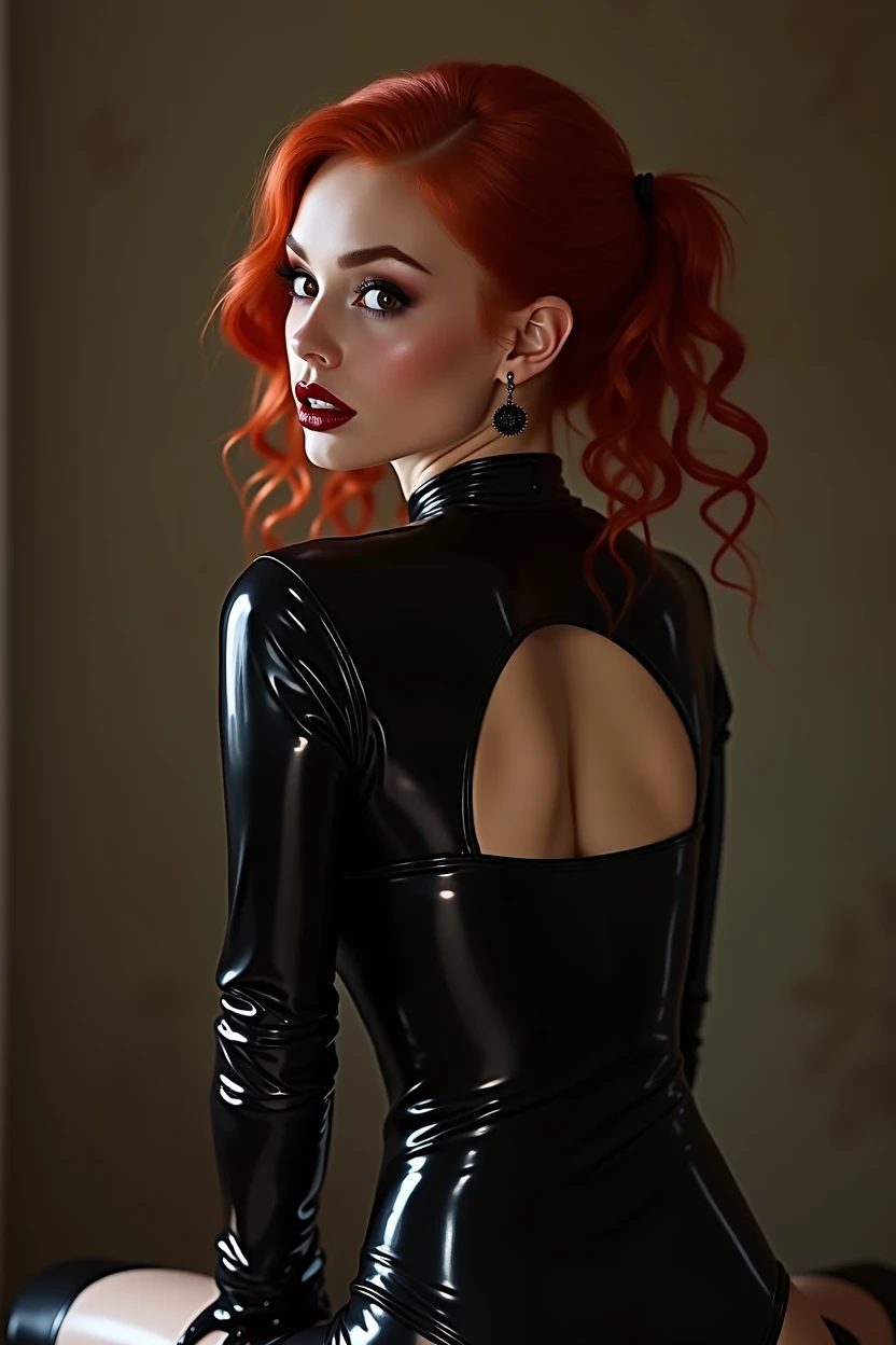 Red head cutie, black latex bra, black latex thong, black latex thigh highs, black latex opera gloves, form fitting, very shiny, finger on lips provocatively, looking at user lustfully