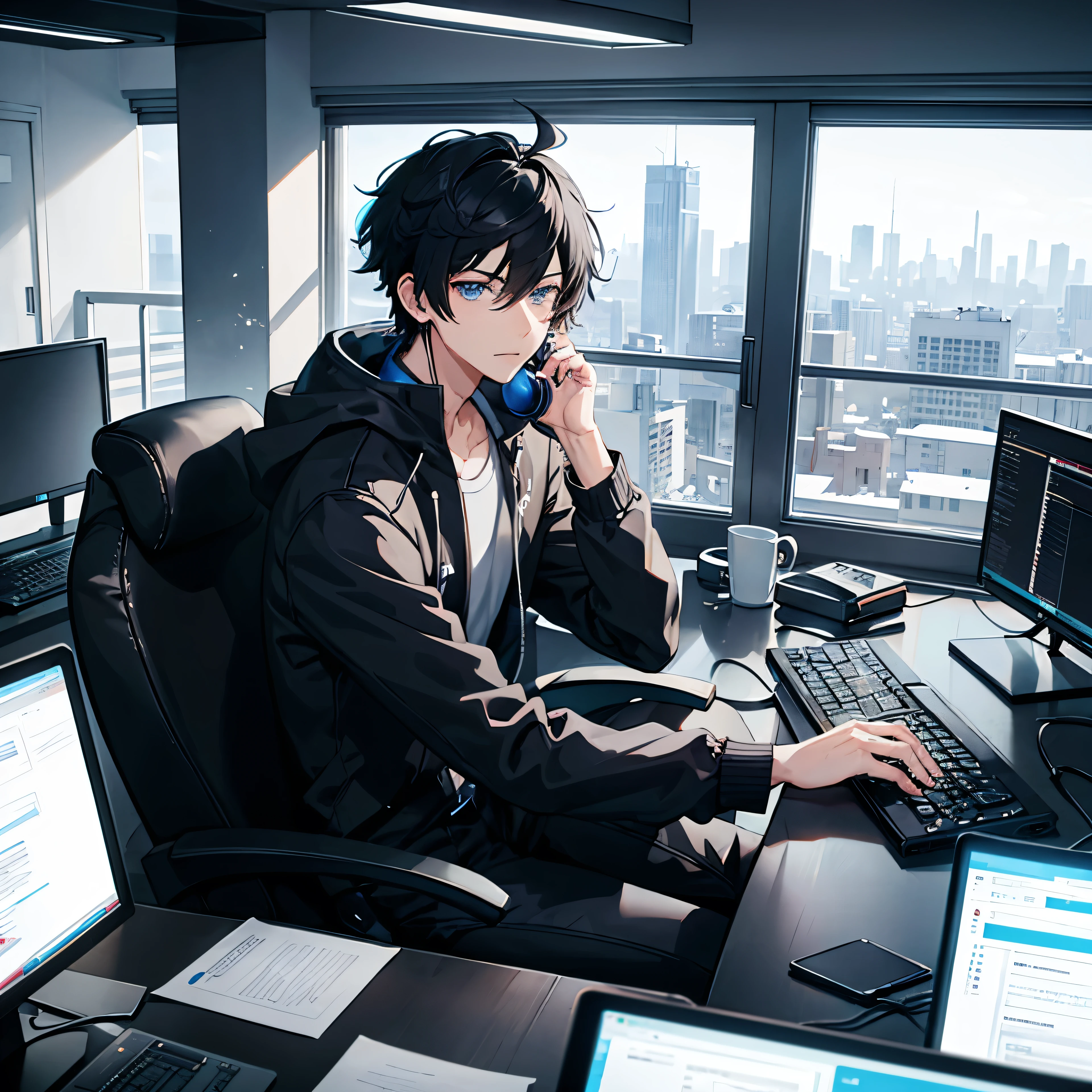 Handsome male anime character with black short hair and blue eyes listening to music with headphones and coding games with unreal engine on 3 computers with a city view behind him
