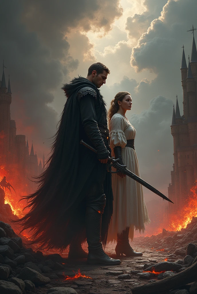 Background: A dark, medieval landscape with ruins of castles and cities on fire, creating a fiery, apocalyptic atmosphere.
Foreground: Carl Silford standing tall, cloaked in a black tattered robe with a determined expression, holding a sword engulfed in dark flames. His presence should give off a powerful, ominous vibe, symbolizing his past as a villain.
Maia Hercher: She could be depicted beside Carl, slightly behind him, with an ethereal glow. She is dressed in white armor, showing her as a beacon of hope. Her expression is resolute, knowing her fate to save the world.
Monsters: Various shadowy figures and monstrous creatures lurking in the background or circling around the main characters, representing the ever-present threat.
The Sky: The sky above could be split into two halves—one side dark and stormy with swirling clouds and lightning, representing the Void faction, and the other side a dull, reddish sky indicating the ongoing destruction.