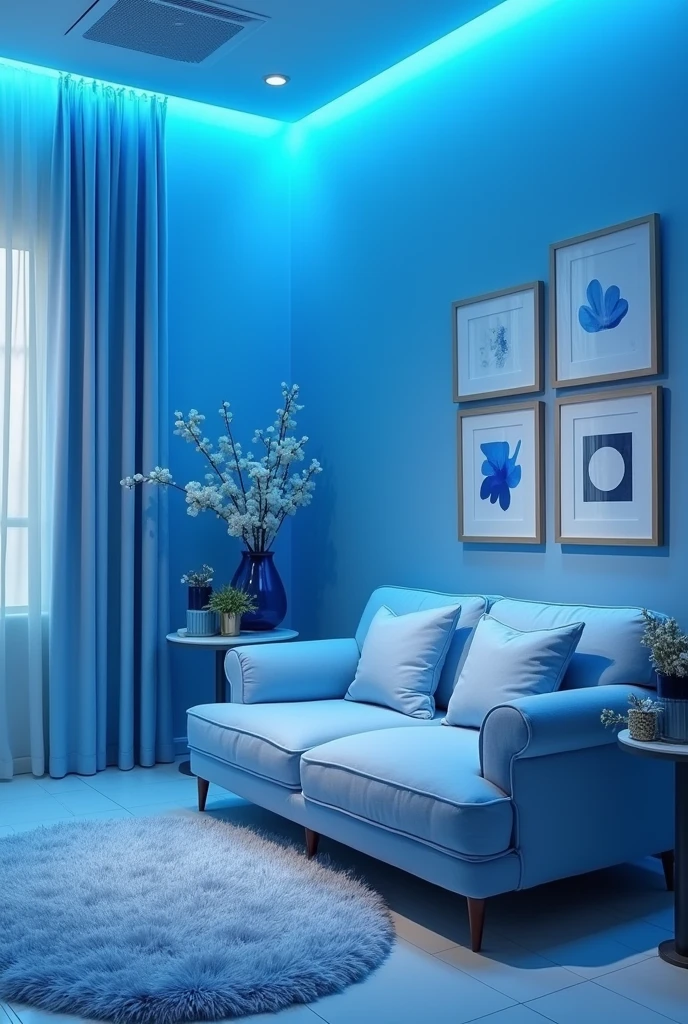 Salon dans un style très bleu avec canapé bleu clair décoration toute bleu de différent bleu tapis moutmout bleu très clair avec des tableaux et des déco bleu et blanche et des LED en lumière bleue