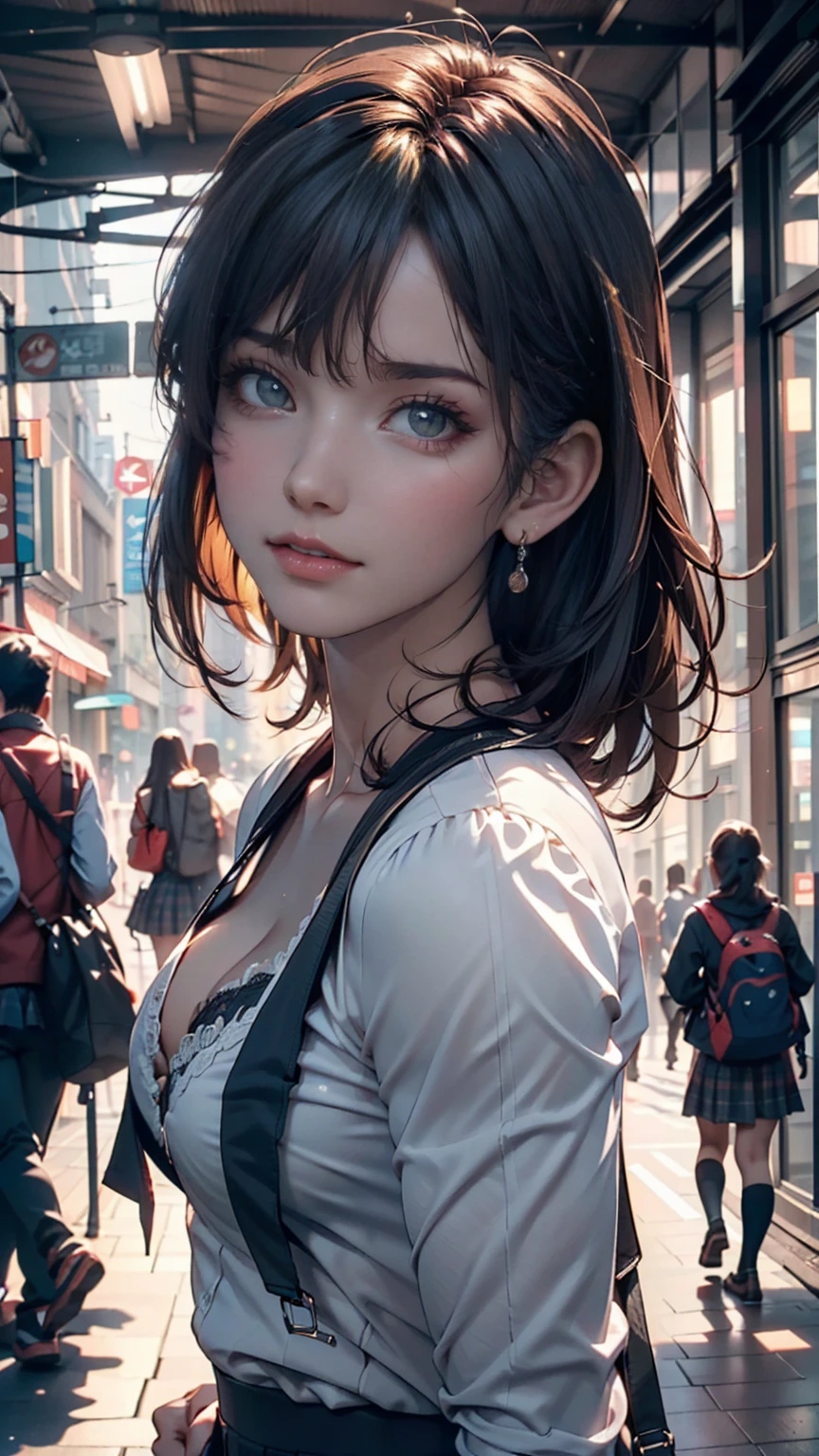 (((Realistic photograph))),, Portraiture, (Scary face:1.3),, beautiful girl, View your viewers, , (school uniform:1.2), Buttoned shirt and trousers, , (Cleavage:1),, On the streets of Japan, (Environment details:1.3),, (RAWphotograph, CG unity, photograph, ultra Realistic details, Sharp focus, Detailed skin,4K, High resolution, masterpiece, Highest quality, Realistic, Vibrant:1.2),, (8k,4K, 超High resolution, High resolution, Professional, movieのような, movie, dramatic),, (Anamorphic depth of field blur background), Detailed Background