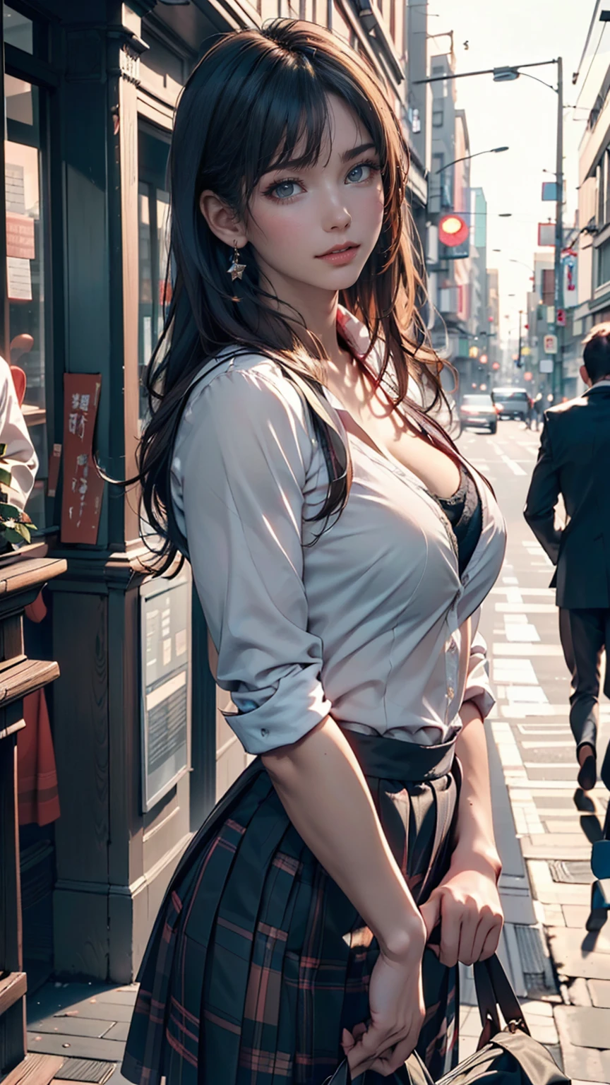 (((Realistic photograph))),, Portraiture, (Scary face:1.3),, beautiful girl, View your viewers, , (school uniform:1.2), Buttoned shirt and trousers, , (Cleavage:1),, On the streets of Japan, (Environment details:1.3),, (RAWphotograph, CG unity, photograph, ultra Realistic details, Sharp focus, Detailed skin,4K, High resolution, masterpiece, Highest quality, Realistic, Vibrant:1.2),, (8k,4K, 超High resolution, High resolution, Professional, movieのような, movie, dramatic),, (Anamorphic depth of field blur background), Detailed Background