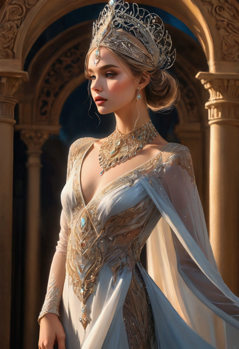a beautiful Australian female model, elegant and graceful, wearing magical realism style fashion design, high fashion editorial, dramatic lighting, ethereal, cinematic, ((Inspired by Megan Hess)), masterpiece, best quality, 8k, ultra-detailed, photorealistic, dramatic shadows, warm color tones, dramatic chiaroscuro lighting, fantasy, magical realism, intricate and ornate details, flowing fabric, dynamic pose, captivating gaze, delicate features, flawless skin, luxurious jewelry, intricate headpiece, mesmerizing