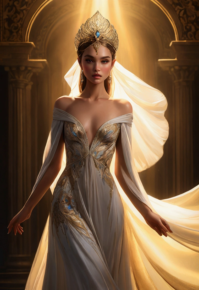 a beautiful Australian female model, elegant and graceful, wearing magical realism style fashion design, high fashion editorial, dramatic lighting, ethereal, cinematic, ((Inspired by Megan Hess)), masterpiece, best quality, 8k, ultra-detailed, photorealistic, dramatic shadows, warm color tones, dramatic chiaroscuro lighting, fantasy, magical realism, intricate and ornate details, flowing fabric, dynamic pose, captivating gaze, delicate features, flawless skin, luxurious jewelry, intricate headpiece, mesmerizing