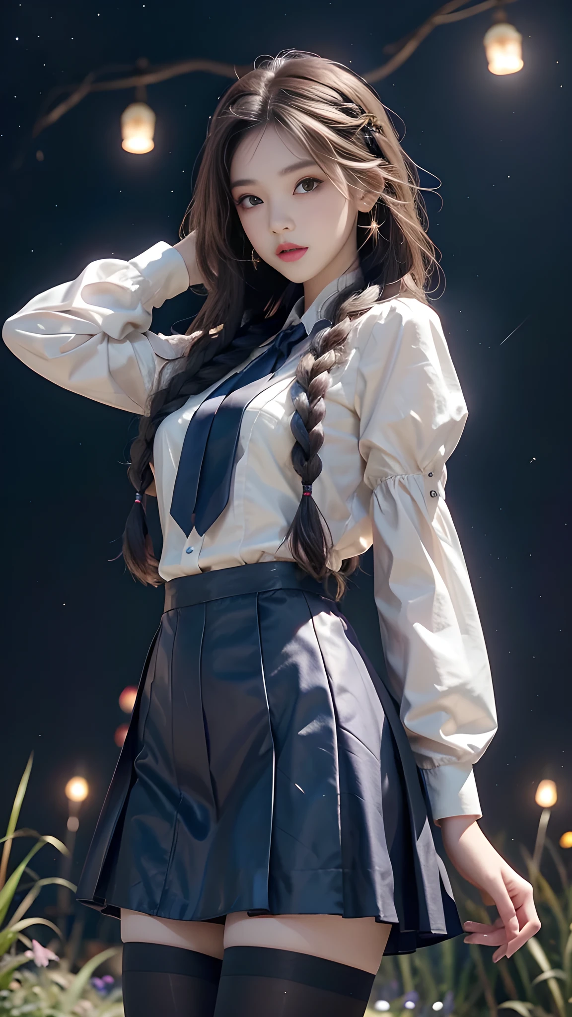 ulzzang-6500-v1.1, (RAW photo: 1.2), (Real photo), (Real photo: 1.4), 1 girl、Perfect anatomy、19 years old、Looking at the camera、Medium length hair、side braids, uniform short skirt, in a surreal royal garden, with many hanging lanterns, under the starry night sky, ((starry night: 1.1))、(Surreal tights: 1.2), (Business service)、Asian eyes Ella,
