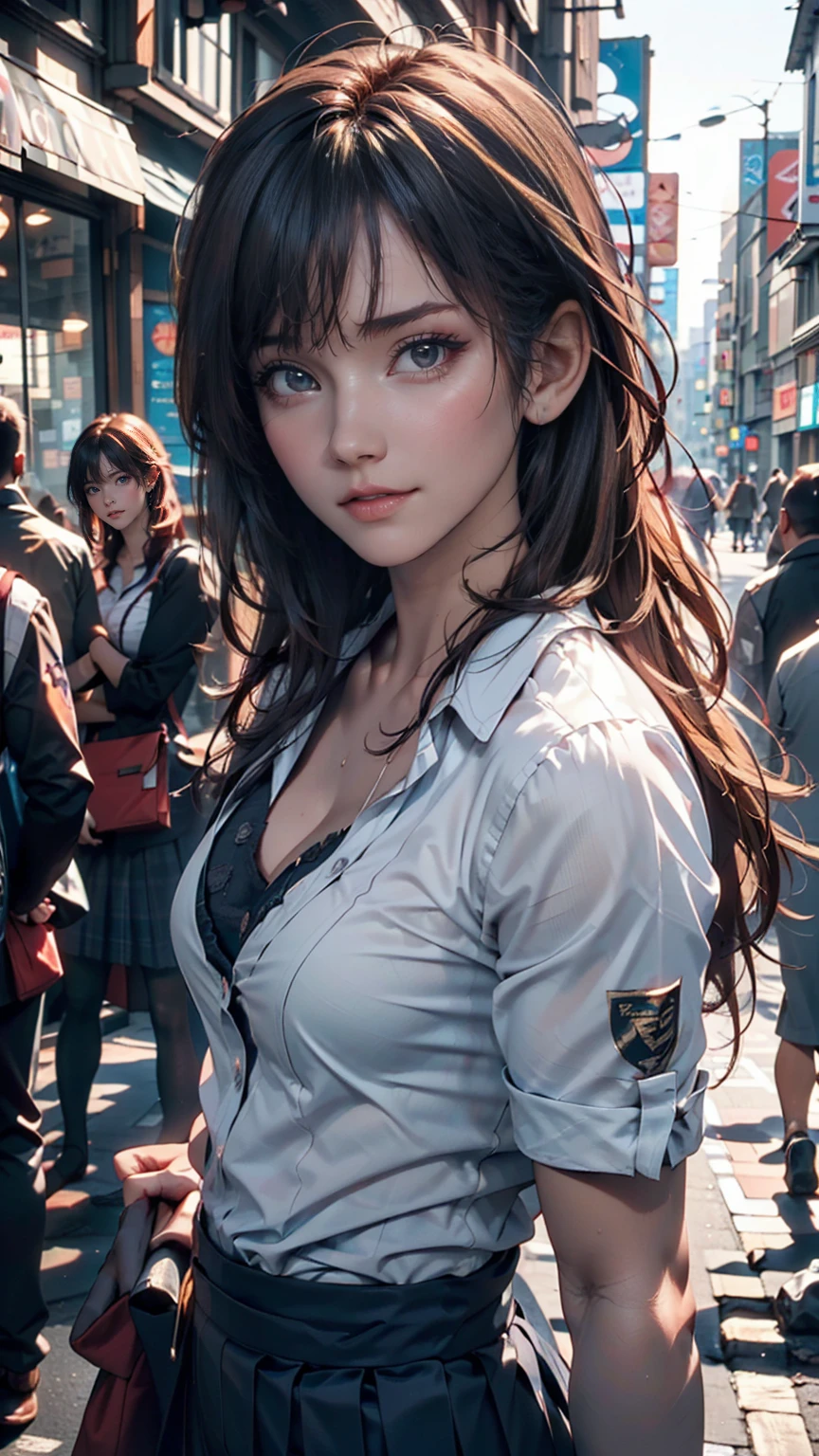 (((Realistic photograph))),, Portraiture, (Scary face:1.3),, beautiful girl, View your viewers, , (school uniform:1.2), Buttoned shirt and trousers, , (Cleavage:1),, On the streets of Japan, (Environment details:1.3),, (RAWphotograph, CG unity, photograph, ultra Realistic details, Sharp focus, Detailed skin,4K, High resolution, masterpiece, Highest quality, Realistic, Vibrant:1.2),, (8k,4K, 超High resolution, High resolution, Professional, movieのような, movie, dramatic),, (Anamorphic depth of field blur background), Detailed Background