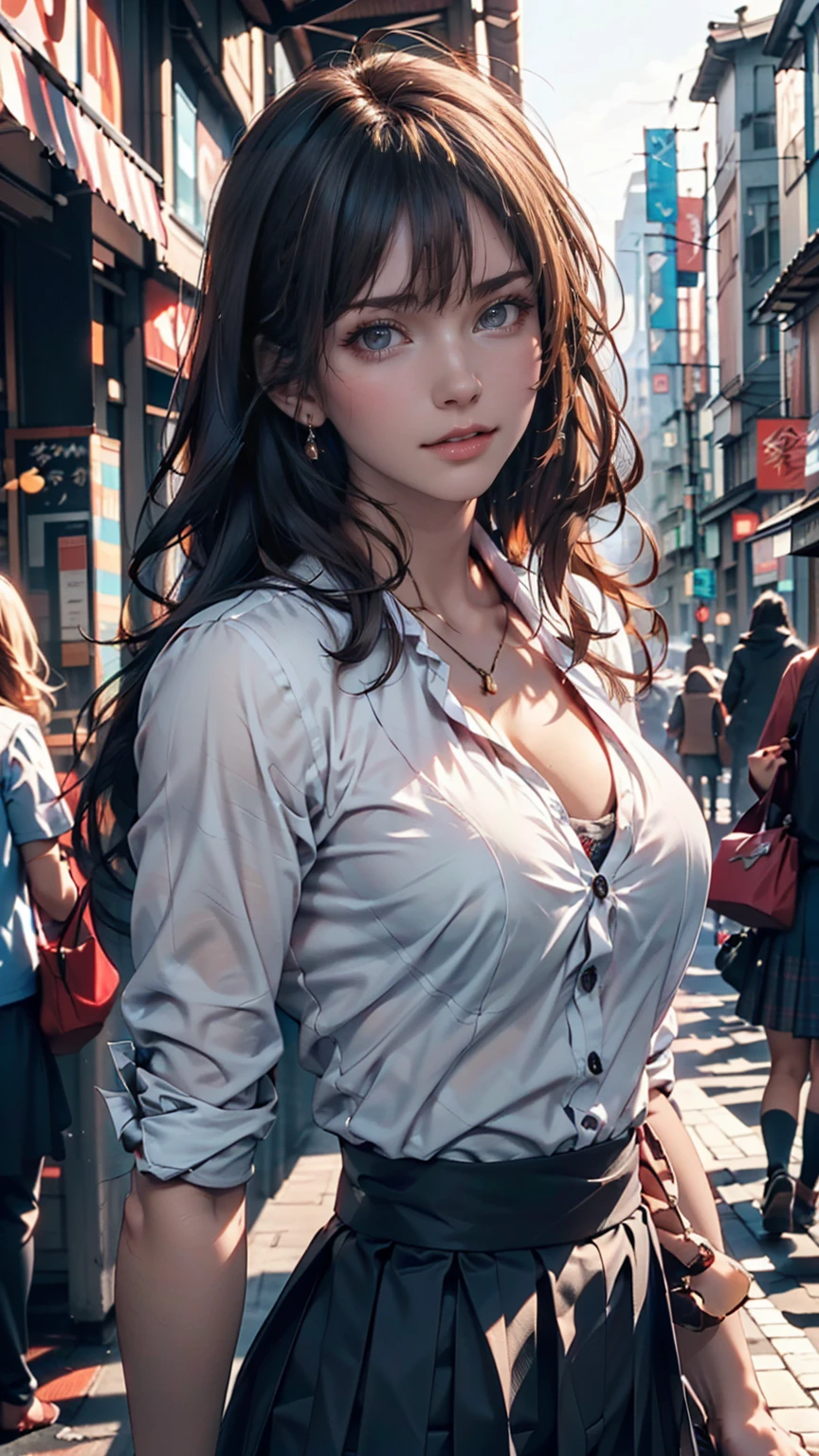 (((Realistic photograph))),, Portraiture, (Scary face:1.3),, beautiful girl, View your viewers, , (school uniform:1.2), Buttoned shirt and trousers, , (Cleavage:1),, On the streets of Japan, (Environment details:1.3),, (RAWphotograph, CG unity, photograph, ultra Realistic details, Sharp focus, Detailed skin,4K, High resolution, masterpiece, Highest quality, Realistic, Vibrant:1.2),, (8k,4K, 超High resolution, High resolution, Professional, movieのような, movie, dramatic),, (Anamorphic depth of field blur background), Detailed Background