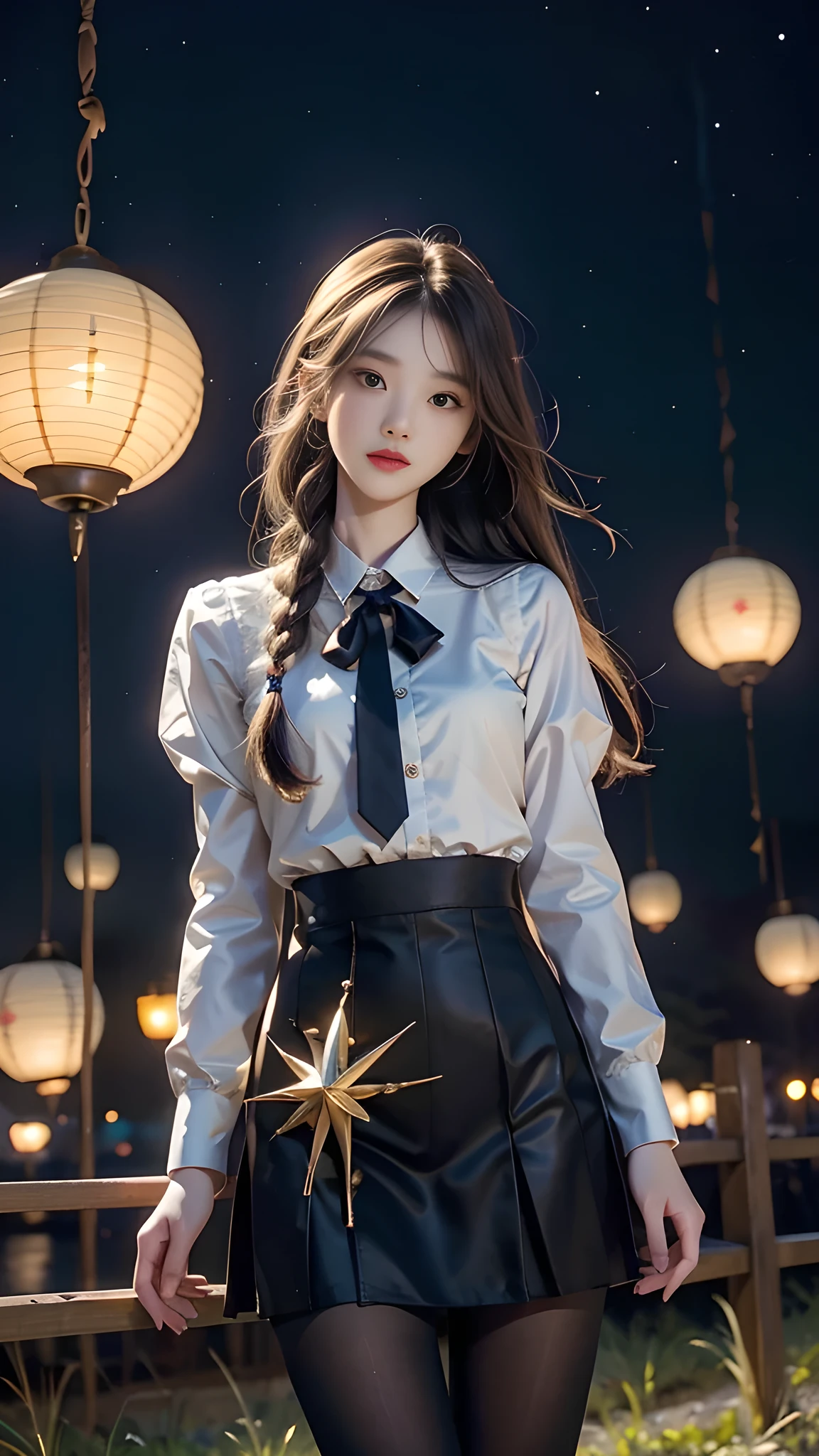 ulzzang-6500-v1.1, (RAW photo: 1.2), (Real photo), (Real photo: 1.4), 1 girl、Perfect anatomy、19 years old、Looking at the camera、Medium length hair、side braids, uniform short skirt, in a surreal royal garden, with many hanging lanterns, under the starry night sky, ((starry night: 1.1))、(Surreal tights: 1.2), (Business service)、Asian eyes Ella,